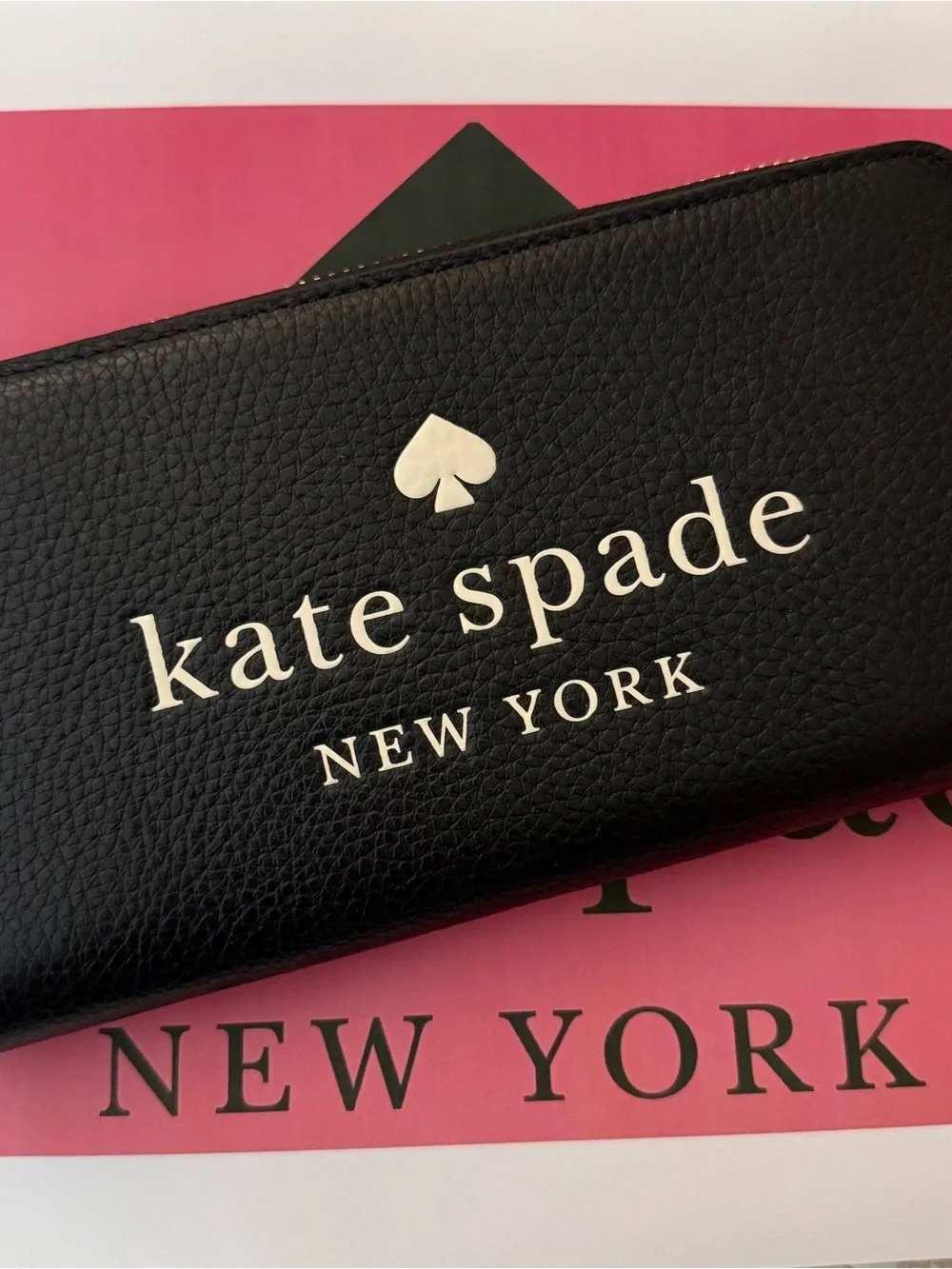 kate spade black leather logo zip-around wallet